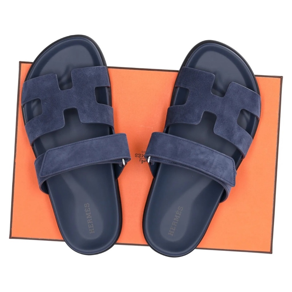 BNIB Hermes Chypre Sandals Women 37 Suede blue Celeste Navy Full Set - Picture 1 of 8